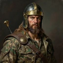 dramatic painting of zeus as a tarkov character, wearing helmet, camouflage clothing, painterly, caravaggio, 3 d render, 8 k, detailed face