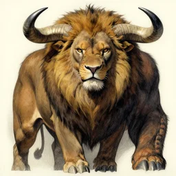 a mighty strong creature with the body and eyes of a man, ( ( ( with the beak of an eagle ) ) ), the mane of a lion, and the horns of an ox. no nose. drawn by boris valejo