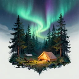 campsite woodland northern lights splash art graphic design art, fantasy, highly detailed, art by greg rutkowski