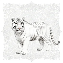 a full - body white tiger, wisdom, scrollwork + rococco + baroque + white ink + magical + symmetrical + detailed intricate + heraldic design + atmosphere + by peter mohrbacher and kentaro miura + high details, in the style of jean delville, artstation, 8 k, tarmo juhola, ivan laliashvili, james gurney, moebius, roger dean, wlop, victo ngai, 4 k, cinematic