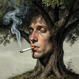 tree with human face smoking a cigarette, high detail, fantasy illustration by angus mcbride