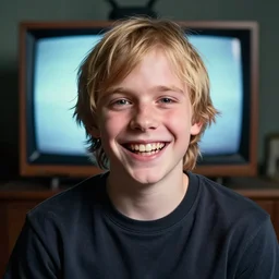 A portrait of special needs Logan Paul. Massive grin. Mad TV. cursed and haunted.