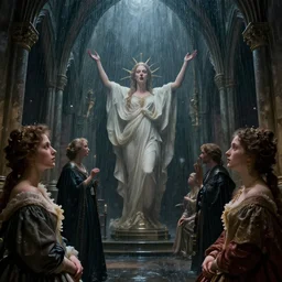 Miltonian disasterpiece baleful rain mesmerizing inner sanctum of the most venerable and beautiful truth, in the style of Jeff Easley, Grant Wood, Ken Kelly, Élisabeth Vigée Le Brun, dramatic lighting, establishing shot, detailed and realistic faces, 8k resolution – W 1024