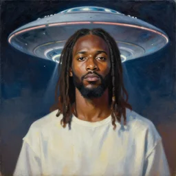an African Jesus and a UFO, portrait painting by Hsiao-Ron Cheng,