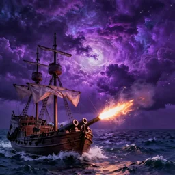 purple color lighting storm with stormy sea close up of a pirate ship firing its cannons trippy nebula sky with dramatic clouds painting by banksy Photorealism