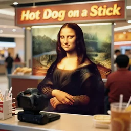 smug Mona Lisa working at 'Hot Dog on a Stick' in the mall food court, DSLR photo, 4k