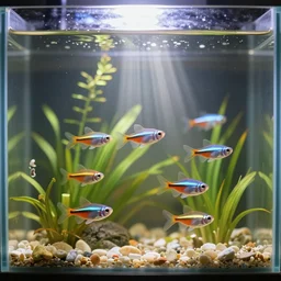 ember tetra planted aquarium, placid morning rays, adorable planted cute cluttered aquarium with little fishies, trending on pixiv,