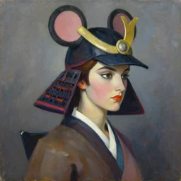 ashley wood portrait painting of, a samurai, with mouseketeer hat on, as overwatch character, medium shot, asymmetrical, profile picture, organic painting, dramatic lighting, matte painting, bold shapes, hard edges, 6 0 s french movie poster, french impressionism, palette knife and brush strokes, dutch angle, by huang guangjian and gil elvgren and sachin teng