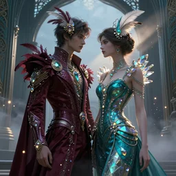 fantasy fashion, male and female, ecopunk and art nouveau architecture, burgundy and teal colors, iridescent and opalescent, twilight, refractive crystal, elegant, feather hair ornaments, highly detailed, digital painting, glowing particles, misty, cinematic lighting, god rays, smooth, sharp focus, art by nixeu, by wlop, by alphonse mucha.