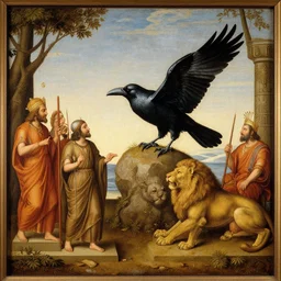 hindu monks worshipping giant crow on greek senete baroque painting, lionardo davinchi