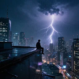 shot of the roof with single man sitting on the edge  during rain, below  impressive cyberpunk night city  during great rainy  storm with lightning, nightscape, futuristic architecture, realistic photo, neons, blade runner, akira style, cinematic lighting, cinematic angles, dramatic perspective, glory, awe