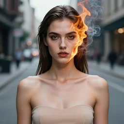 portrait, very beautiful girl with symmetrical face, with flames on one side and smoke escaping from the skin, hyperrealistic portrait, perfect body, bladerunner street, by karol bak and agnes cecile, album cover, fantasy art, photo realistic, dynamic lighting, artstation, poster, volumetric lighting, very detailed face, 8 k, award winning