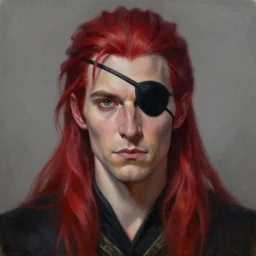 a detailed matte oil on canvas head on symmetrical portrait of a distinguished elven man with separated red hair ( ( ( ( ( black eye patch ) ) ) ) ) by charlie bowater and lise deharme wlop, trending on artstationhd, dungeons and dragons art critical role