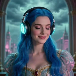 close up portrait in front of window of queen with glowing headphones, regal dress, subtle smile, blue long haired elegant model, female, eyes closed, by greg rutkowski, storm clouds, in fantasy city, teal and pink color palette, annie liebovitz, preraphaelite, detailed c