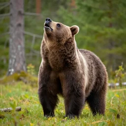 a brown bear howling standing up in the middle of a glade in the forest, hyper realistic