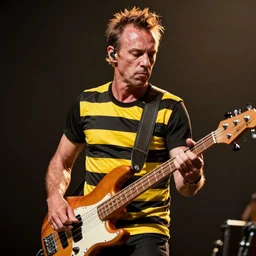 Sting playing bass wearing a horizontally stripped yellow black jersey, volumetric lighting, sharp focus