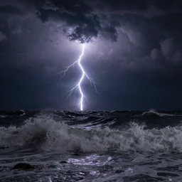 a storm in the sea, night, lighting, big waves, dramatic lighting, ivan aivazovski, studio photograph