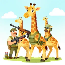 giraffe army, holding guns and ammo, illustration, cartoon