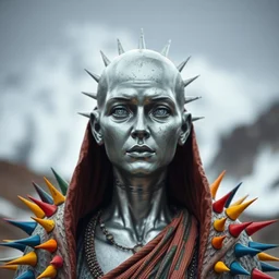 bald silver woman statue, clothed, colorful spikes around, john howe, greg rutkowski