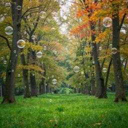 a magical forest plenty of bubbles on the sky with colorful leaves and the most green grass in a peaceful ambient