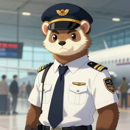 character portrait feature of the anthro male anthropomorphic ferret fursona wearing airline pilot outfit uniform professional pilot character design stylized by charlie bowater, ross tran, artgerm, and makoto shinkai, detailed, soft lighting, rendered in octane, airport in background