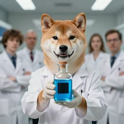 a shiba dressed as a scientist holds a modern transparent little bottle filled with vivid blue iridescent liquid, there is a black square on the bottle, art highly detailed, by frank frazetta, keith parkinson and greg rutkowski and aleksandra skiba, concept art,
