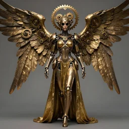 Steampunk Angel, mechanical wings, gear halo, empty eyes, metallic bronze skin, golden tech robes, female looking, normal lenght legs, steampunk fantasy, extremely detailed, trending on artstation