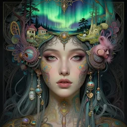 hyperrealistic detailed face portrait of the beautiful goddess of the northern lights with an intricate headgear of a beautiful landscape, art by ernst haeckel, john william godward, android jones, alphonso mucha, h. r. giger, gothic - cyberpunk, ornamental, dimmed pastel colours,