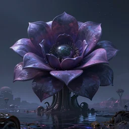 humongous technologic flower on a dusky planet, spooky, retrowave, art by pixar, smooth, beautiful art, masterpiece, artistic landscape, cinematic, wet reflections, ray tracing x, rtx, smooth