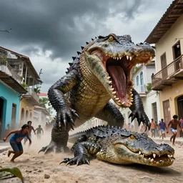 a gigantic monster that looks like a mixture of monkfish with crocodile limbs, wet and slimy with a very large mouth, is on the street of and old town in the caribe, dragging its enormous weight with effort on a beach, there are people fleeing in terror, photo-realistic, stormy sky, photo by national geographical
