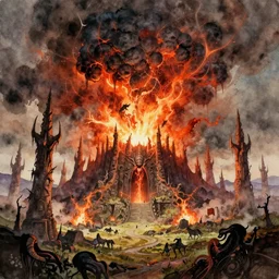 mt doom erupting in mordor, epic fantasy landscape, watercolor,