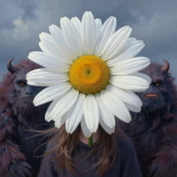 closeup, giant daisy flower as a head, girl between monsteras, surreal photography, wind and cold, dramatic sky, impressionist painting, digital painting, artstation, simon stalenhag