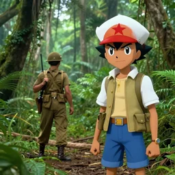 Ash Ketchum and another man patrolling the jungle for the Vietcong, Vietnam War, Jungle, realistic, detailed, 4k, HDR