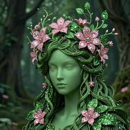 beautiful green pink bling bling of the queen of forest, complicated vines branches and bling bling flowers in naturalism headwears, dark fantasy, intricate, elegant, highly detailed, digital painting, artstation, highly saturated colors, concept art, matte, 3 d 8 k octane rendered, sharp focus, illustration, art by artgerm and alphonse mucha, leesha hannigan