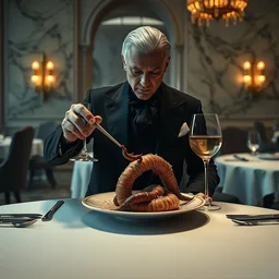 dune movie concept art aristocrat in elegant black suit eating dish with cooked sandworm on a plate, restaurant with marble interior, wine glass, soft lighting, dark color scheme, art by gary jamroz simon goinard henrik sahlstrom devon cady - lee, full body shot, white tablecloth, volumetric lighting, octane render, commission art, 8 k resolution