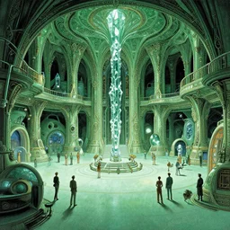 a cinematic shot of the interior of a sci - fi space station with ornate elven architecture bustling with people by jean giraud moebius, crystalline, emerald, matte illustration by moebius