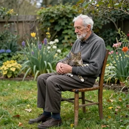 the old man sat on the chair with the cat in his arms, in the garden, serene, by david inshaw