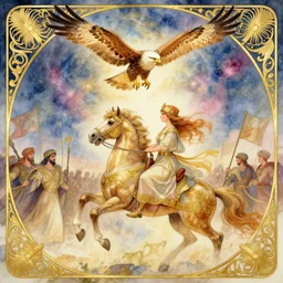 bedouin in battle on a horse, there is a hawk in the sky surrounded by nebula, highly detailed, gold filigree, romantic storybook fantasy, soft cinematic lighting, award, disney concept art watercolor illustration by mandy jurgens and alphonse mucha and alena aenami, pastel color palette, featured on artstation