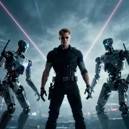 movie film shot of the opening from terminator, 4 k, highly detailed, cloudy, lasers, robots, directed by james cameron