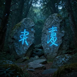 forest scenery with ancient stones and boulders with symbols on them that are glowing blue, bubbles floating in the forest, ambient lighting, digital matte painting by dylan cole, by david luong, 8 k dop dof hdr