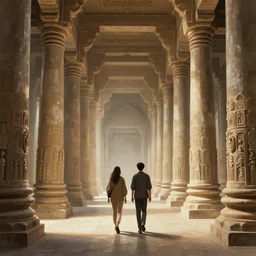 shot from mid shot perspective, two people walking down the center of a massive stone temple with rows of large pillars lining either side of the pathway, intricate, elegant, highly detailed, digital painting, artstation, concept art, smooth, sharp focus, illustration, art by artgerm and greg rutkowski and alphonse mucha, 8 k
