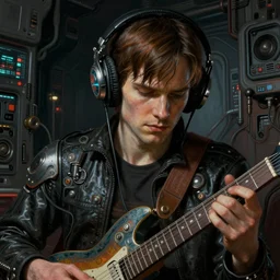 a epic norman rockwell painting close up face portrait of marty mcfly playing a futuristic guitar with headphones on in a dark liminal space room, gritty tech, deep focus, fantasy, intricate, elegant, highly detailed, digital painting, artstation, concept art, matte, sharp focus, illustration, dark fantasy style art, resident evil, art by artgerm and greg rutkowski and alphonse mucha