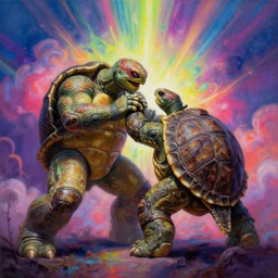 humanoid fighting turtle 🐢, [ style ] [ oil painting ] [ palate ] [ vibrant gothic colors ], vibrant neon nebulous clouds, radiant light rays, photorealistic painting, intricate and fine details, volumetric lighting, artstation,