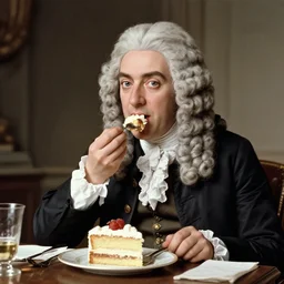 colorized photo of G.F. Handel in powdered wig eating cake