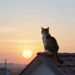 cat watching sun rise from top of house