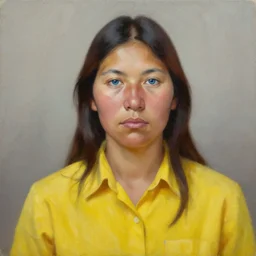 oil painting of a beautiful assiniboine woman with blue eyes and dark brown hair, wearing a modern yellow shirt