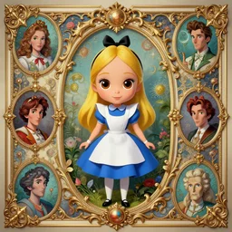 poster design of alice in wonderland, rococo and baroque style deco, 8 k, hd, trending on artstation, by moebius and artgrem, ross tran, by wally wood and studio ghibli, by ernst haeckel, highly detailed league of legends cute character portrait - point of eyes, stephen bliss, unreal engine