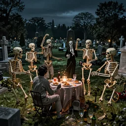 skeletons have a night party at the cemetery, with drinks and food. They are dancing. As photograph. Cinematic. Wide angle