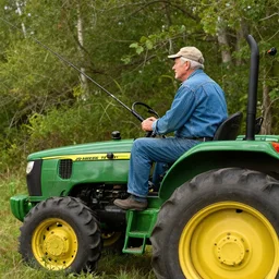 old man in denim sat fishing in a wooded area with a john deere tractor in foreground, ultra realistic, concept art, intricate details, highly detailed