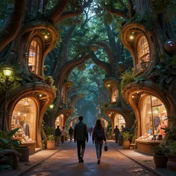 two friends walking down narrow crowded street between futuristic organic giant wooden tree shopfronts, night, organic bioluminescent street lights, forest canopy understory, cinematic lighting, octane render, 3 d pixar disney digital cgi rtx hdr painting, highly detailed, artstation cgsociety masterpiece, ridley scott, syd mead